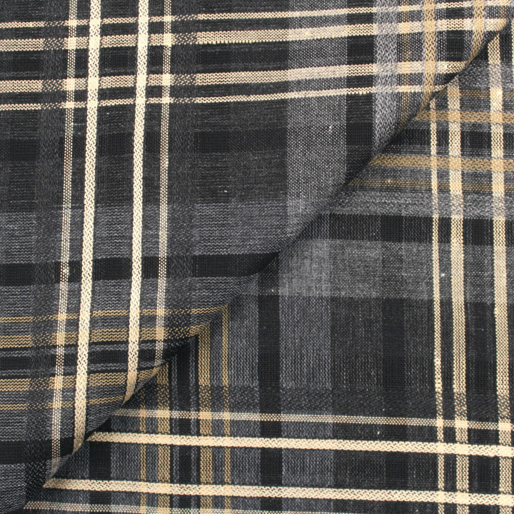 Tissu polyester imprimé à carreaux noir, beige et gris – Léger, résistant et facile d’entretien