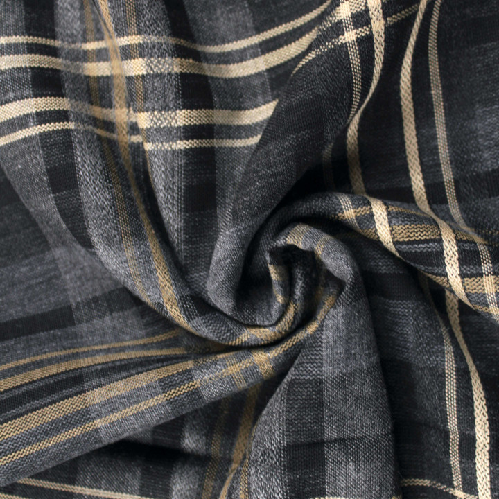 Tissu polyester imprimé à carreaux noir, beige et gris – Léger, résistant et facile d’entretien