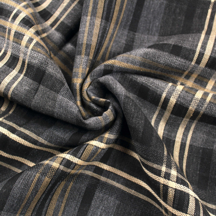Tissu polyester imprimé à carreaux noir, beige et gris – Léger, résistant et facile d’entretien