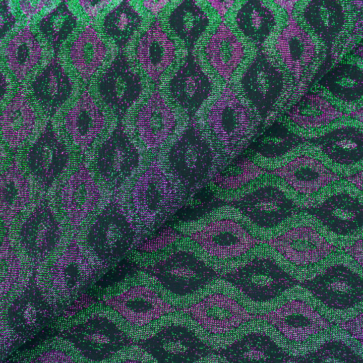 Tissu Jersey Extensible à Reflets Vert et Mauve – Imprimé Géométrique