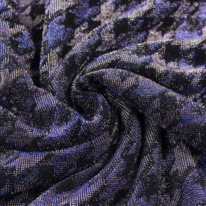 Tissu Jersey à Motif Géométrique Argent et Noir à Reflets Bleutés