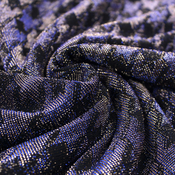 Tissu Jersey à Motif Géométrique Argent et Noir à Reflets Bleutés