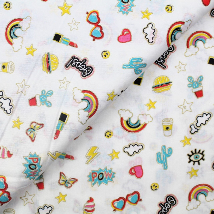 Tissu coton fantaisie blanc imprimé serviettes et parasols de plage