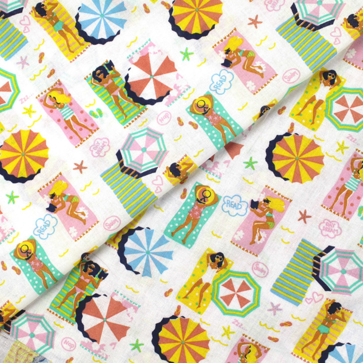 Tissu coton fantaisie blanc imprimé serviettes et parasols de plage