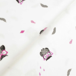 Tissu coton blanc milleraie imprimé hiboux violet et noir
