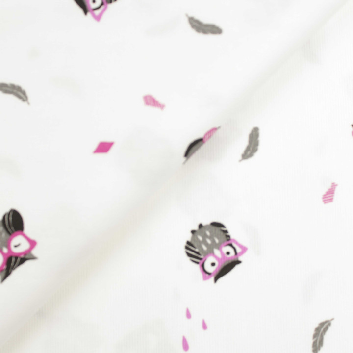 Tissu coton blanc milleraie imprimé hiboux violet et noir