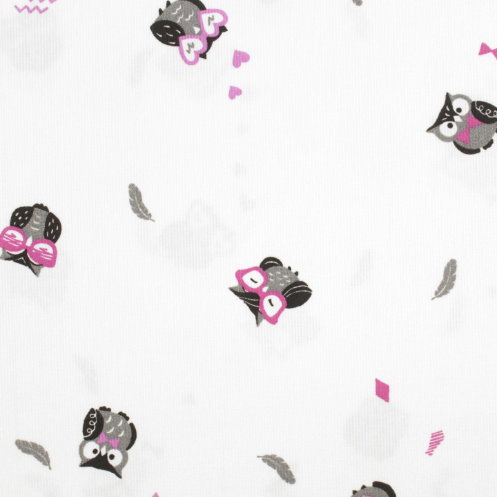 Tissu coton blanc milleraie imprimé hiboux violet et noir