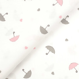 Tissu milleraie blanc à motifs parapluies et cœurs rose et gris