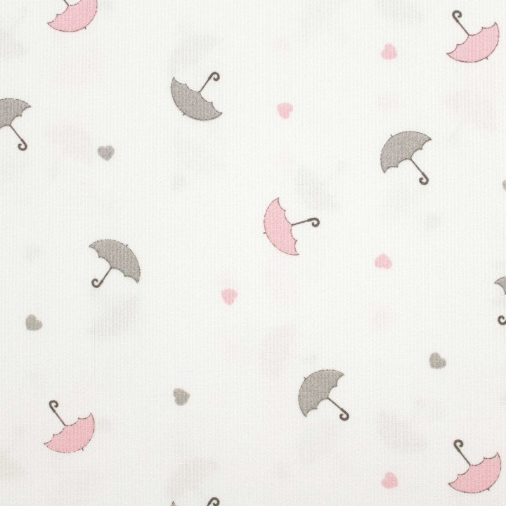 Tissu milleraie blanc à motifs parapluies et cœurs rose et gris