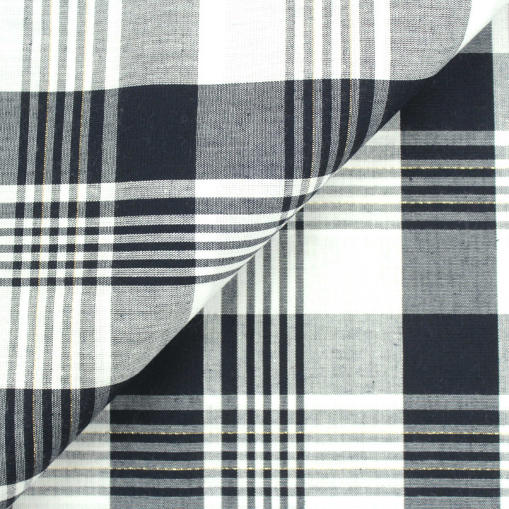 Tissu Coton Madras Noir à Rayures Blanches – Élégance et Haute Qualité Textile