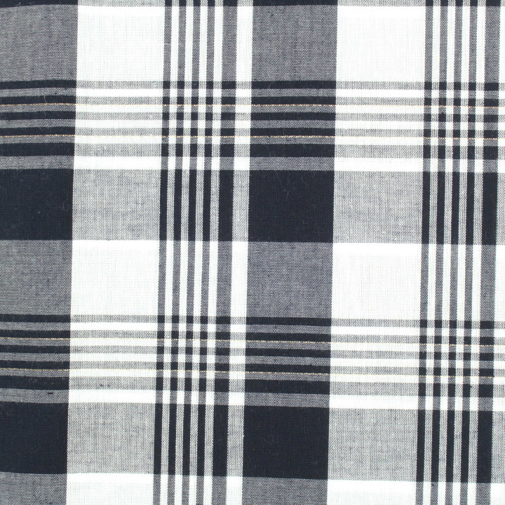 Tissu Coton Madras Noir à Rayures Blanches – Élégance et Haute Qualité Textile