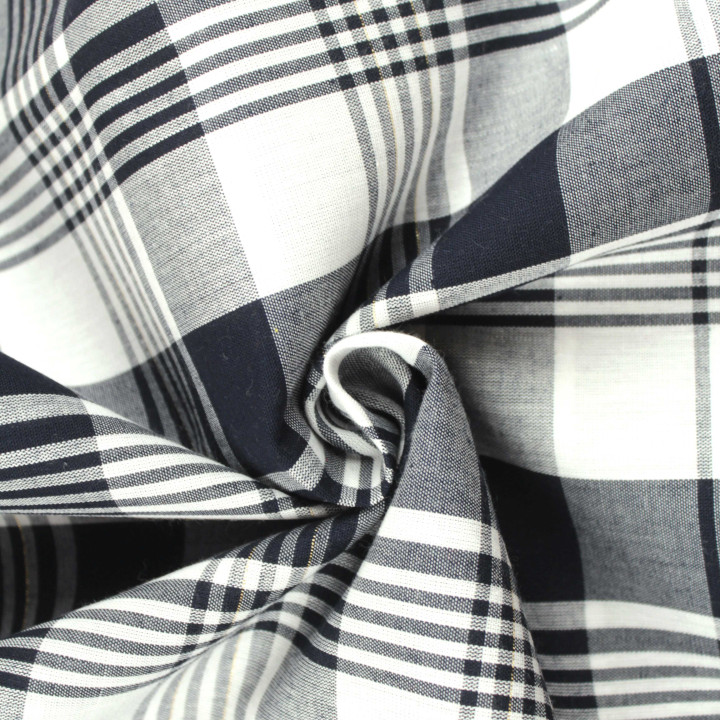 Tissu Coton Madras Noir à Rayures Blanches – Élégance et Haute Qualité Textile