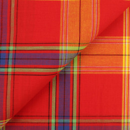 Tissu Coton Madras Rouge Jaune et Vert à Rayures Bleues, Vertes et Noires – Élégance et Qualité Supérieure