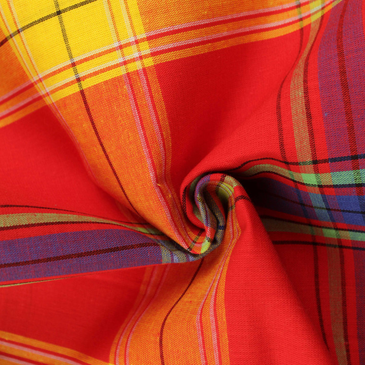 Tissu Coton Madras Rouge Jaune et Vert à Rayures Bleues, Vertes et Noires – Élégance et Qualité Supérieure