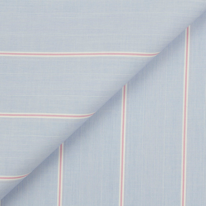 Tissu coton chemise bleu ciel à rayures rouges et blanches