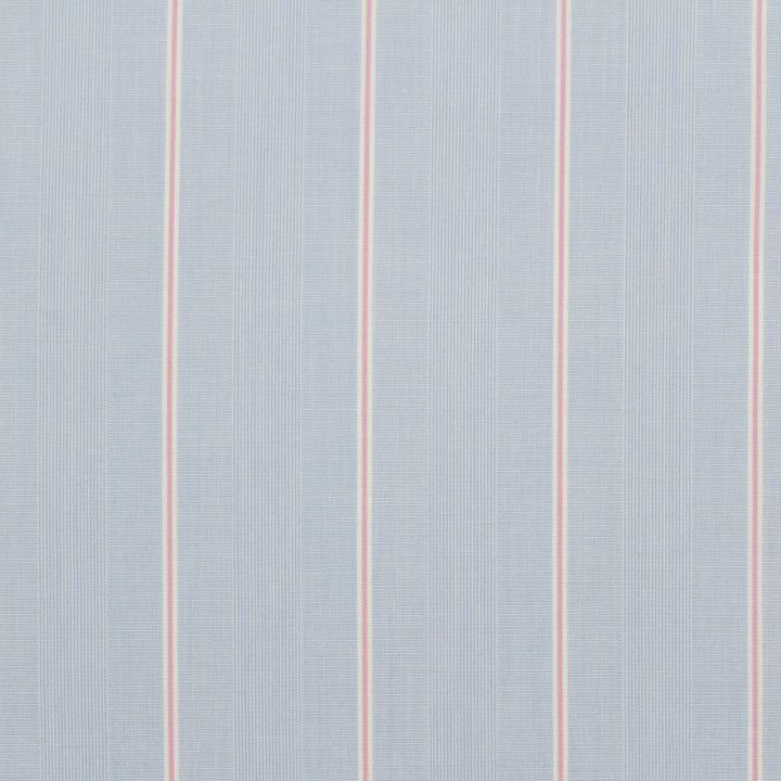 Tissu coton chemise bleu ciel à rayures rouges et blanches
