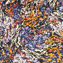 Tissu satin noir imprimé abstrait orange, jaune, bleu et blanc – Coupon tissu élégant