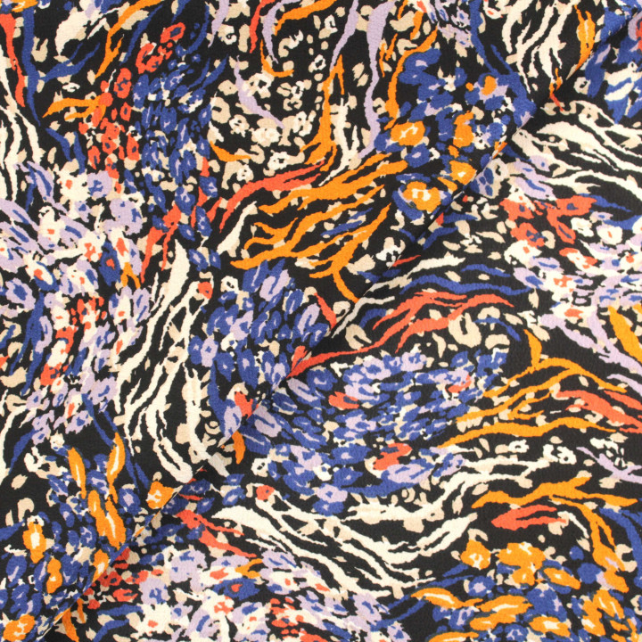 Tissu satin noir imprimé abstrait orange, jaune, bleu et blanc – Coupon tissu élégant