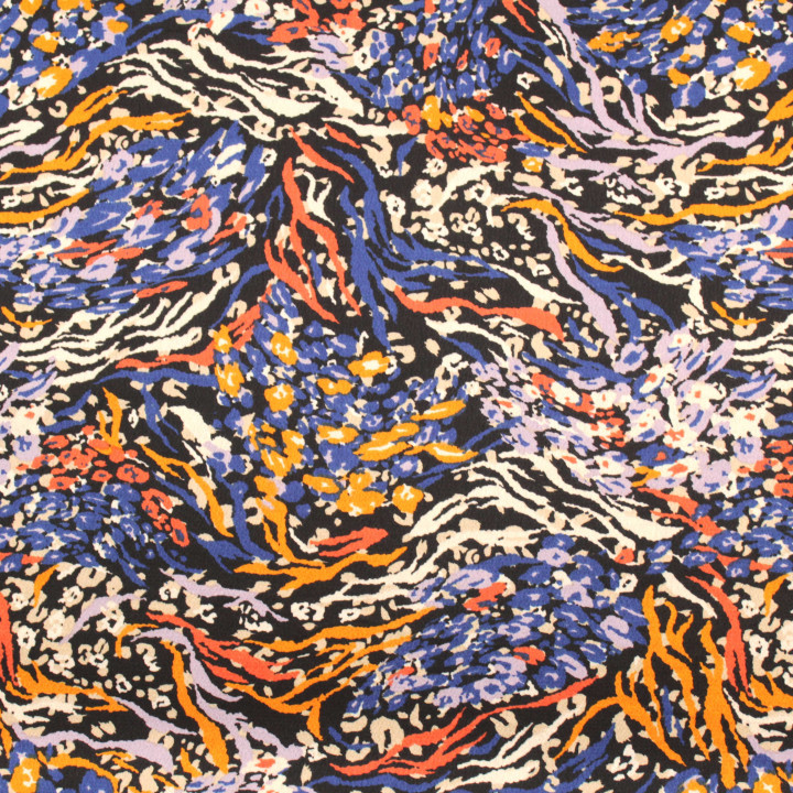 Tissu satin noir imprimé abstrait orange, jaune, bleu et blanc – Coupon tissu élégant