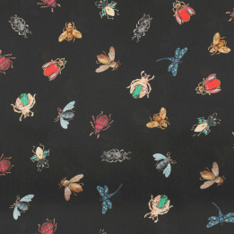 Tissu satin noir brillant imprimé insecte multicolore – Coupon tissu original et élégant