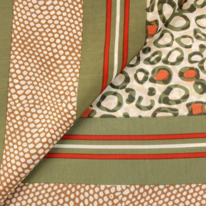 Tissu satin vert olive imprimé géométrique orange, vert, noir et blanc – Coupon tissu élégant