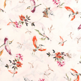 Tissu satin blanc cassé brillant imprimé hérons violet et orange – Coupon haute qualité
