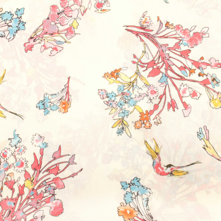 Tissu satin blanc cassé imprimé colibris et fleurs – Coupon haute qualité