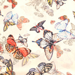 Tissu crème imprimé papillons rouge, bleu et jaune – Coupon haute qualité