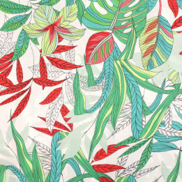 Tissu coupon satin imprimé floral vert, blanc et rouge