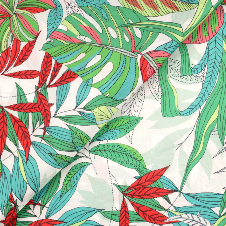 Tissu coupon satin imprimé floral vert, blanc et rouge