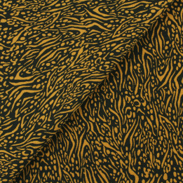 Coupon de tissu satin noir toucher crêpe imprimé motif géométrique doré
