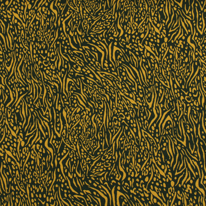 Coupon de tissu satin noir toucher crêpe imprimé motif géométrique doré