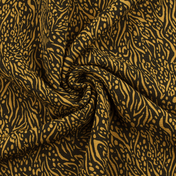 Coupon de tissu satin noir toucher crêpe imprimé motif géométrique doré