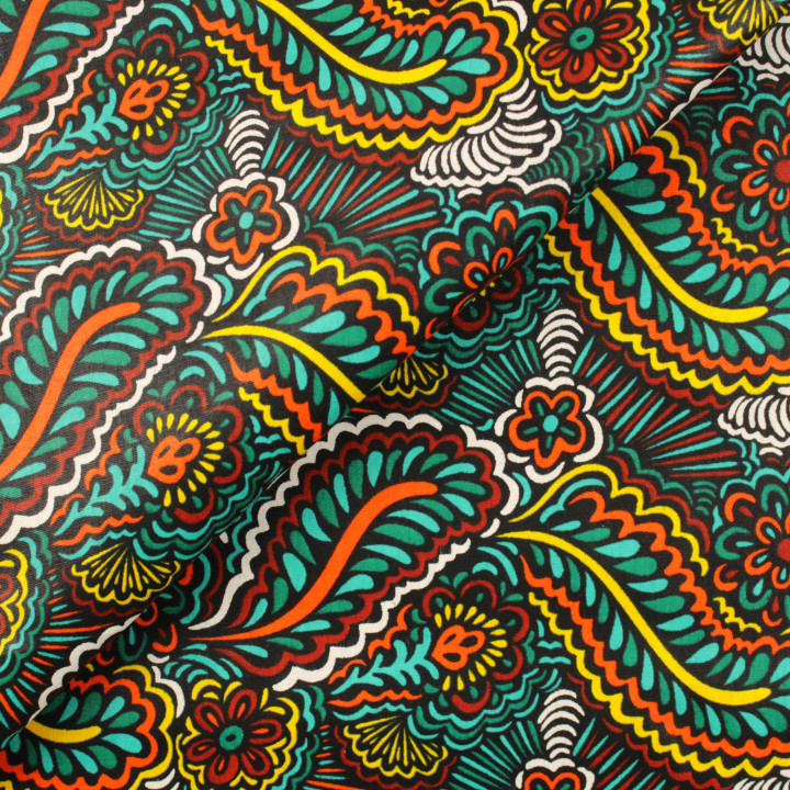 Coupon de tissu wax multicolore jaune, orange, bleu et blanc (non ciré)