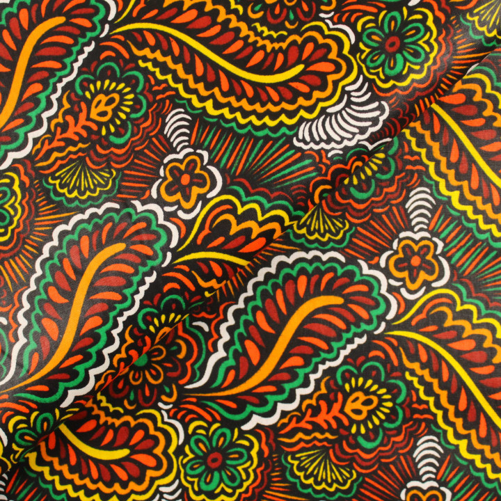 Coupon de tissu wax non ciré oriental multicolore vert, orange, bordeaux, blanc et jaune