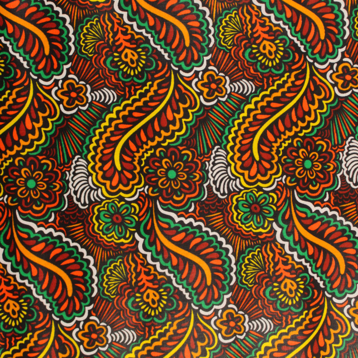 Coupon de tissu wax non ciré oriental multicolore vert, orange, bordeaux, blanc et jaune