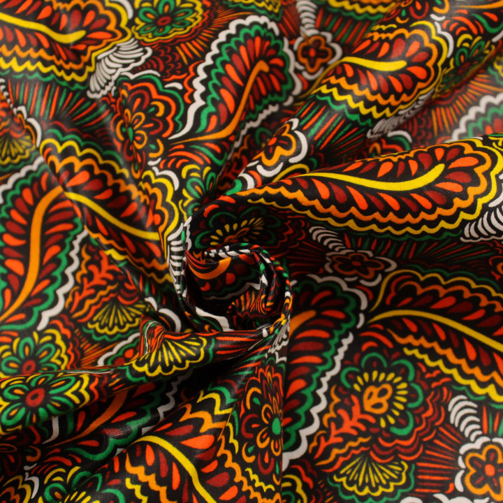 Coupon de tissu wax non ciré oriental multicolore vert, orange, bordeaux, blanc et jaune