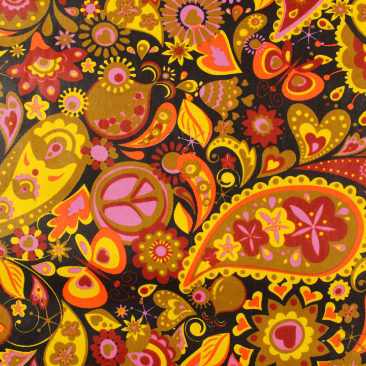 Coupon de tissu coton wax ciré multicolore orange, jaune, rose, noir et bordeaux