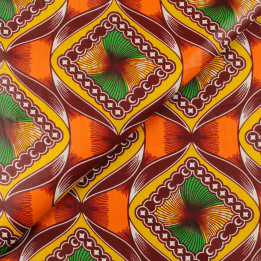 Coupon de tissu coton wax ciré imprimé géométrique orange, vert, jaune, marron et blanc