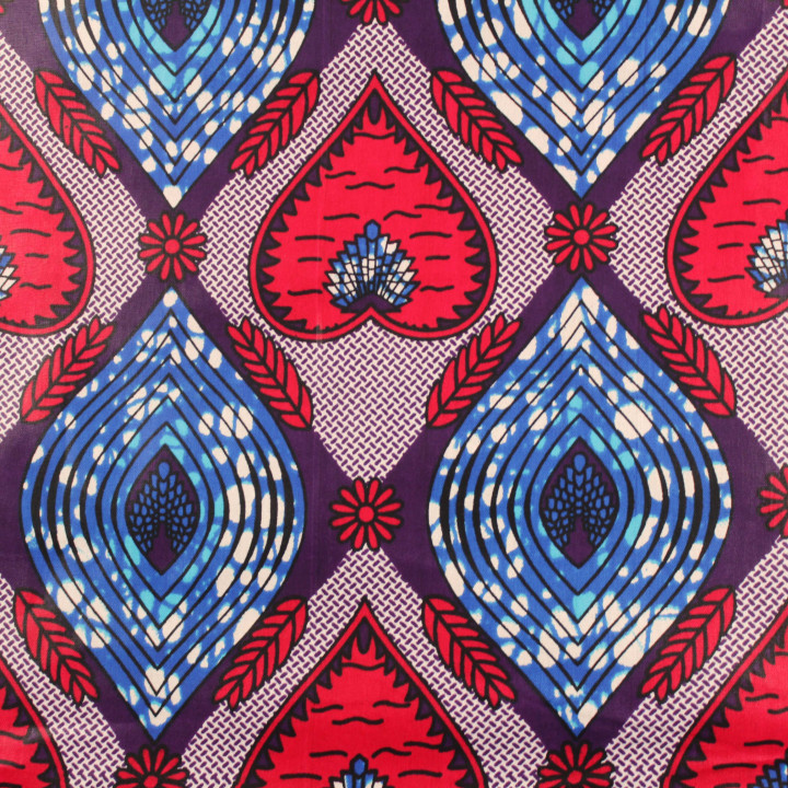 Tissu coton Wax imprimé géométrique rouge, bleu et rose