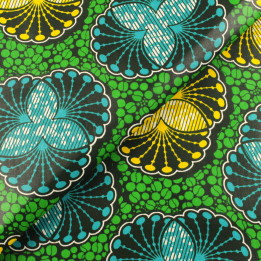 Tissu coton Wax imprimé géométrique floral vert, bleu, jaune et noir