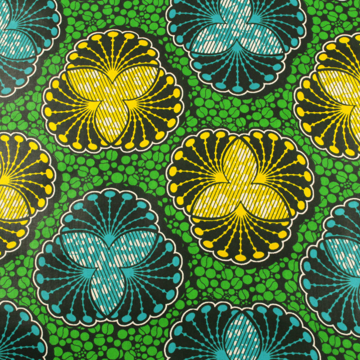 Tissu coton Wax imprimé géométrique floral vert, bleu, jaune et noir