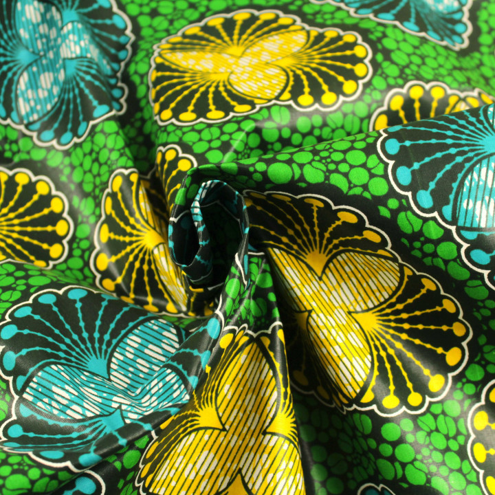 Tissu coton Wax imprimé géométrique floral vert, bleu, jaune et noir