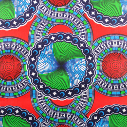 Tissu coton Wax imprimé géométrique vert, bleu, blanc, rouge et noir