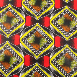 Tissu Wax africain géométrique multicolore jaune, noir, orange, rouge et blanc