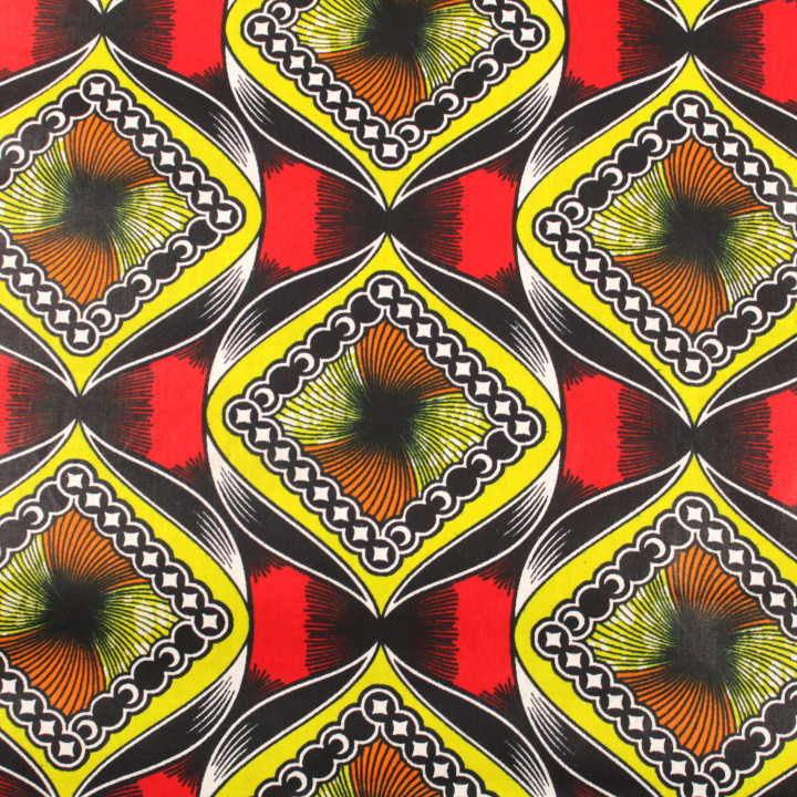 Tissu Wax africain géométrique multicolore jaune, noir, orange, rouge et blanc