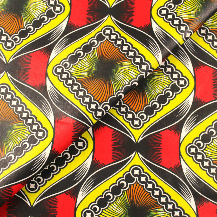 Tissu Wax africain géométrique multicolore jaune, noir, orange, rouge et blanc