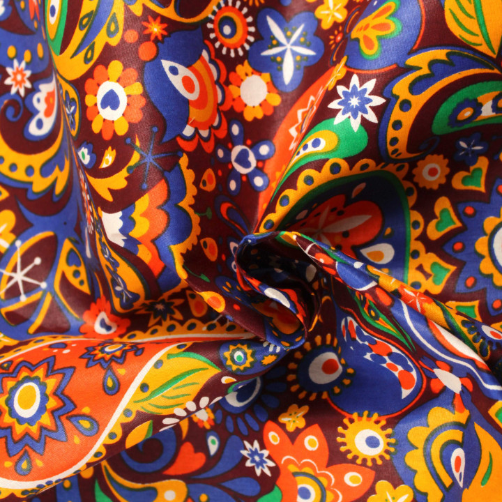 Tissu coton Wax africain imprimé floral et cachemire multicolore – Bordeaux, bleu, orange et jaune – Vendu au mètre