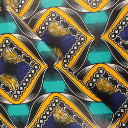 Tissu coton Wax africain imprimé géométrique bleu turquoise, jaune, blanc et noir – Vendu au mètre
