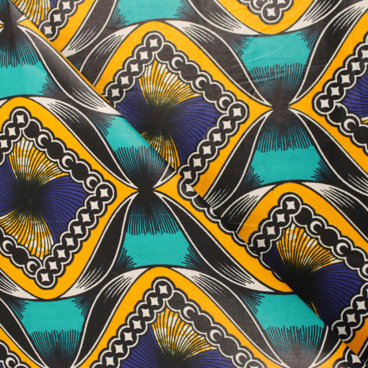 Tissu coton Wax africain imprimé géométrique bleu turquoise, jaune, blanc et noir – Vendu au mètre